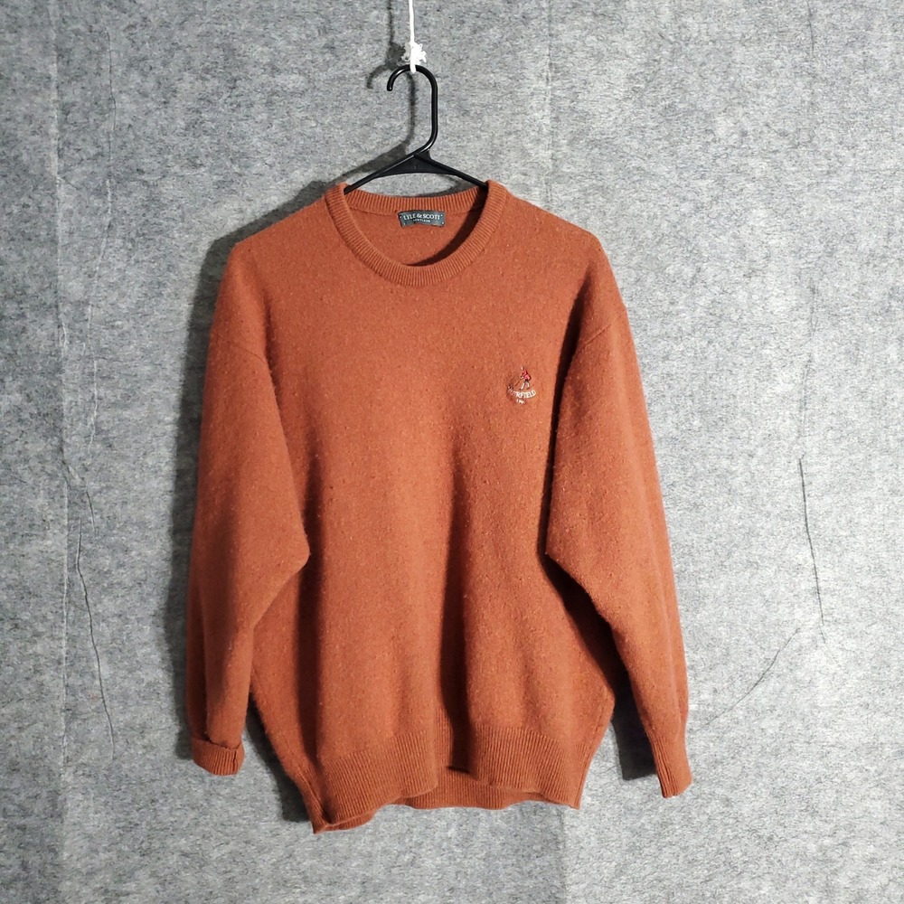 Lyle & Scott Sweater Mens XL Orange Crew Neck Embroidered Golf Motif Knit Wool